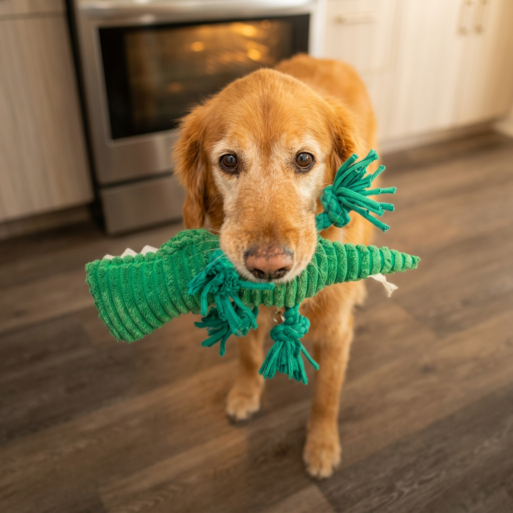 Golden retriever carrying a green plush alligator toy through the kitchen