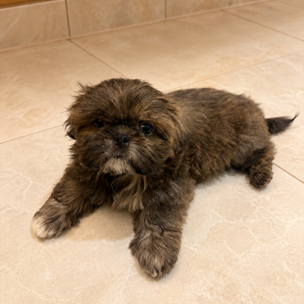 Fluffy brown shih tzu puppy lying on a tile floor