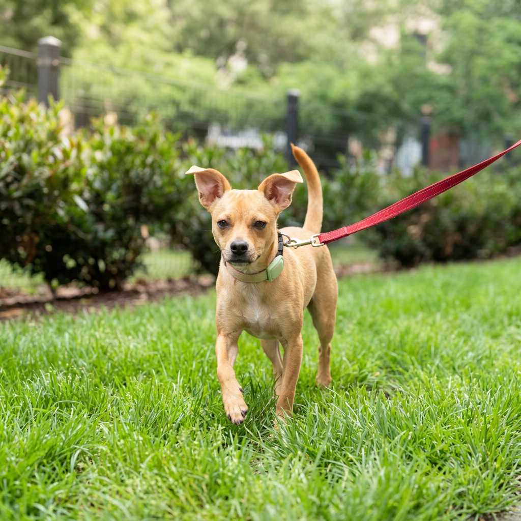 Small tan chihuahua mix trotting through the grass on a red leash