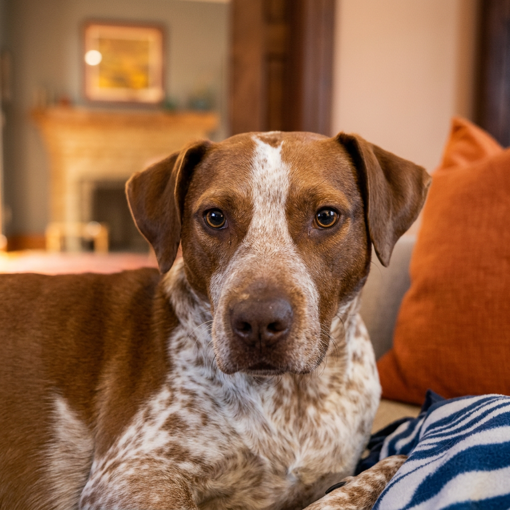 Red and white speckled pointer mix looking at the camera at home