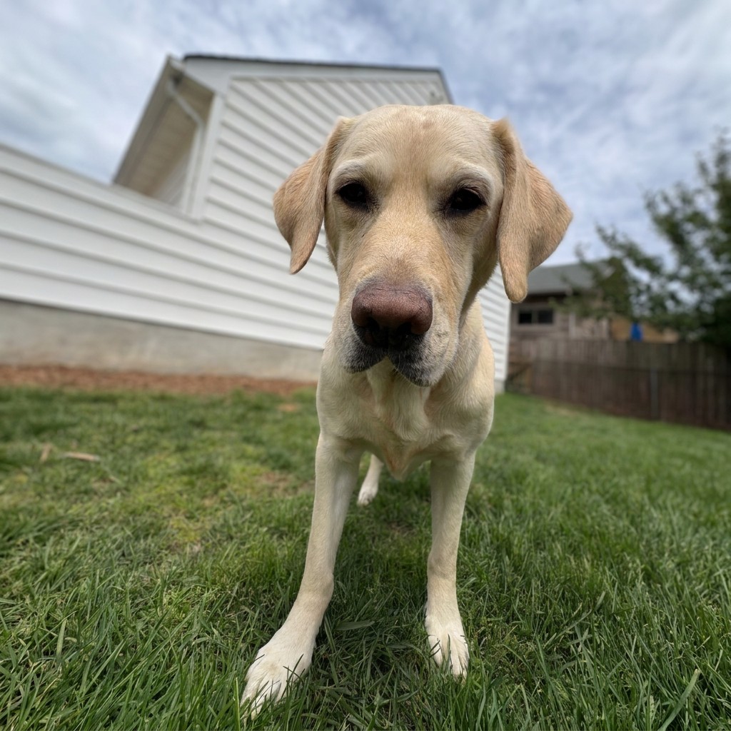 Yellow labrador leaning in for a close-up in the backyard