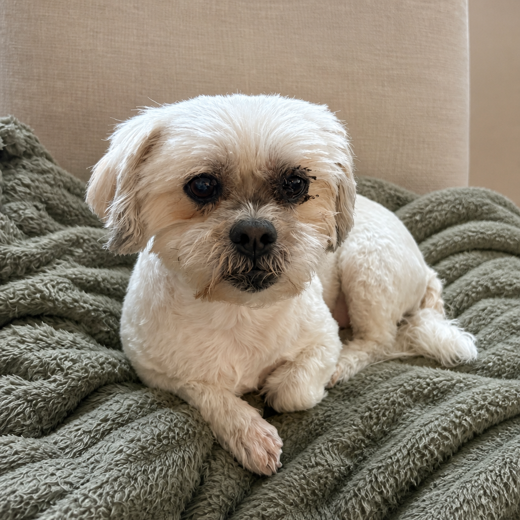 White shih tzu mix curled up on a cozy blanket at home