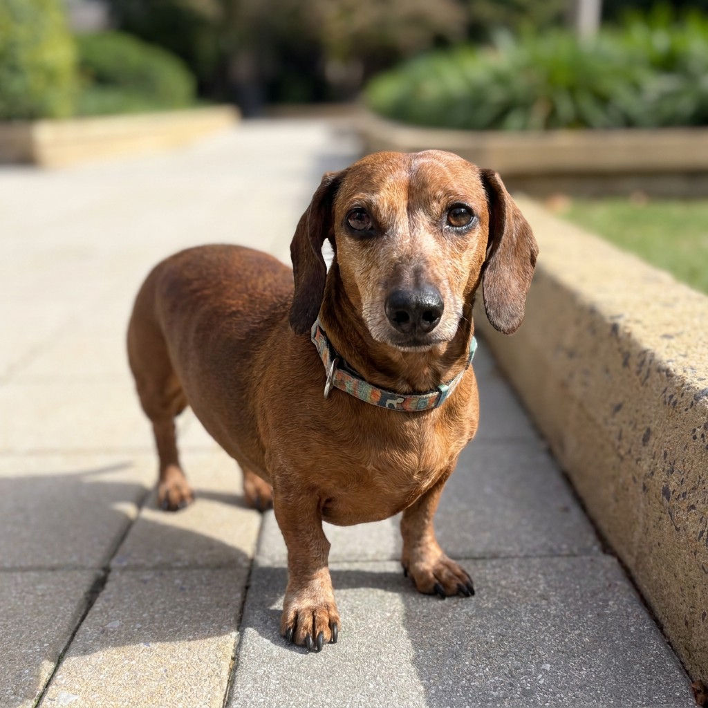 Dachshund out on a sunny sidewalk walk