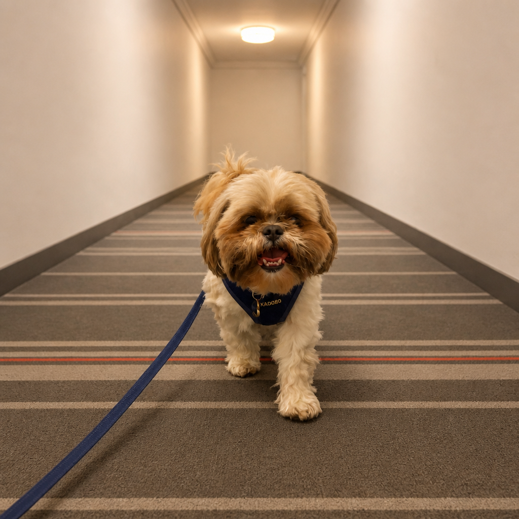 Shih tzu in a navy bandana on a leash walk down the hallway