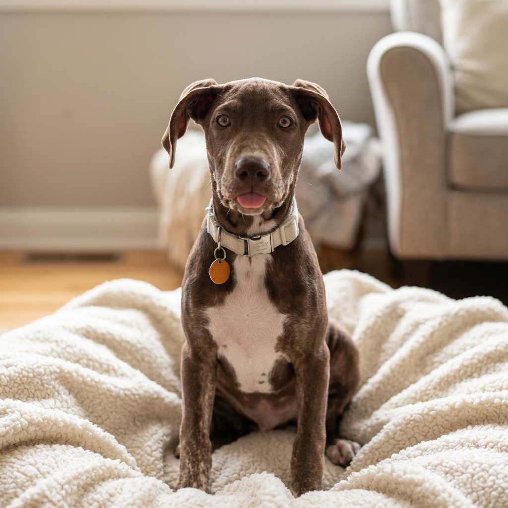 Chocolate puppy sitting on a soft cream blanket in the living room