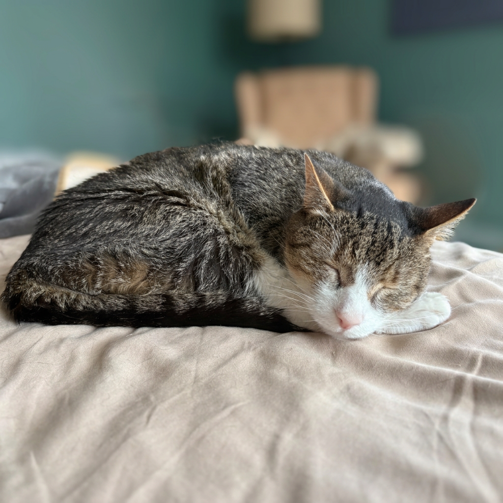 Tabby and white cat napping on a soft tan bed