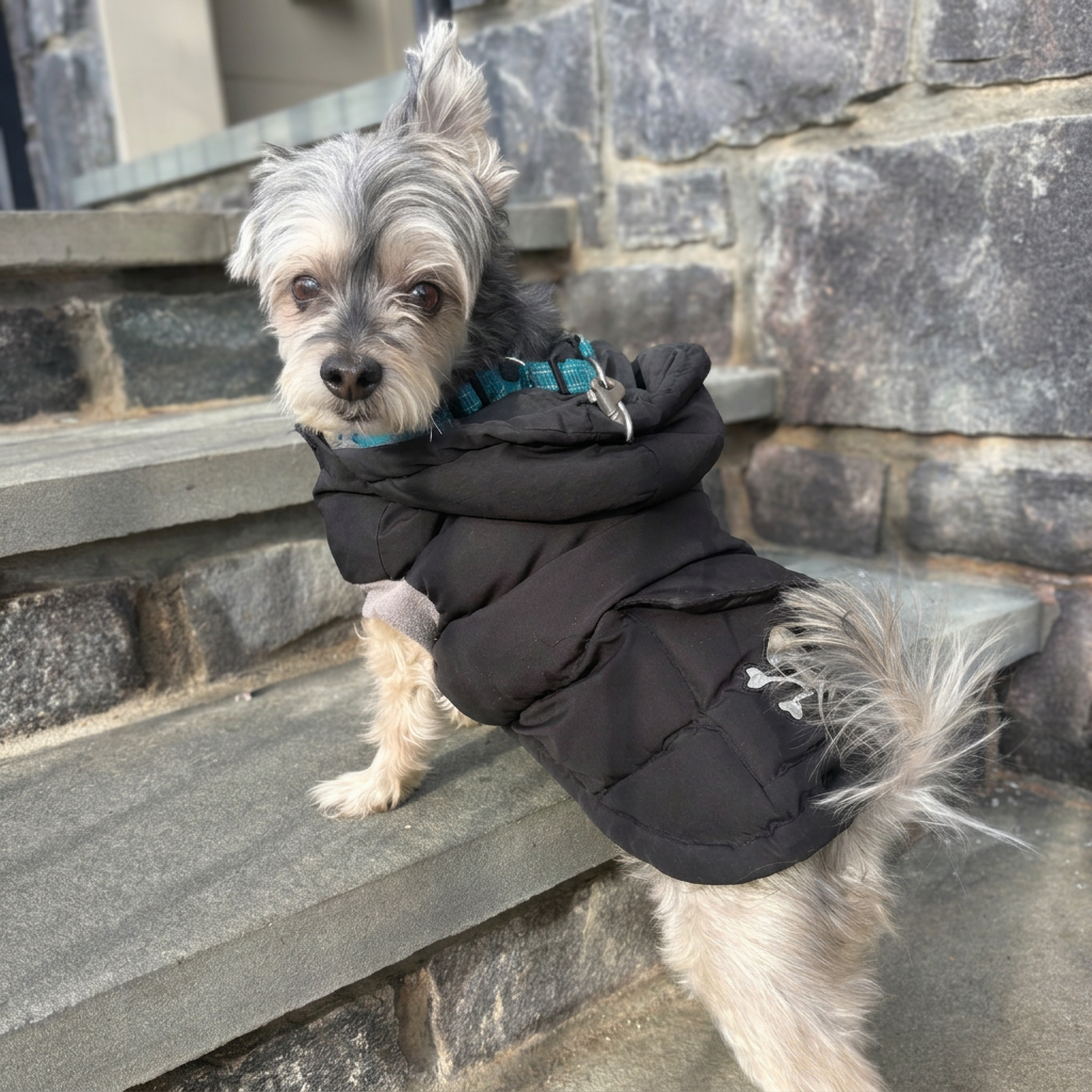 Scruffy grey terrier mix in a black puffer coat on stone front steps