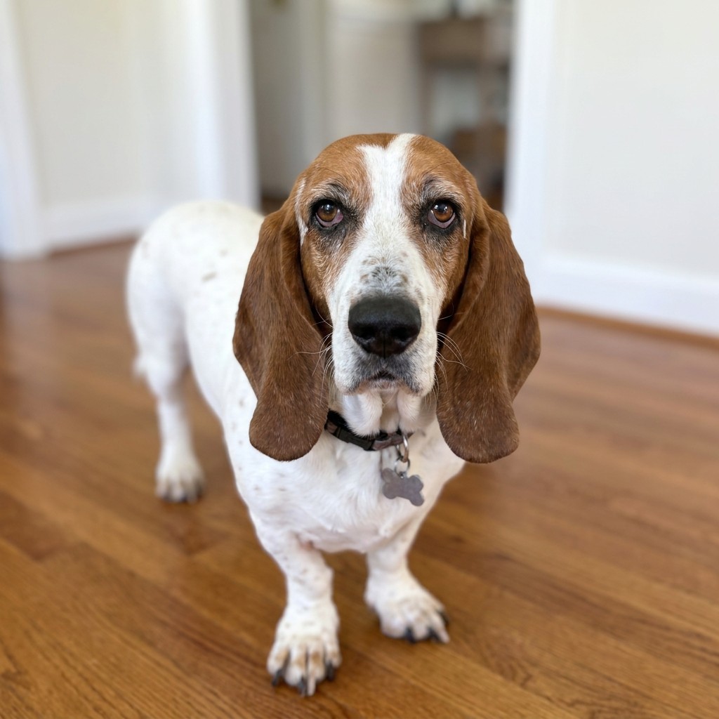 Basset hound waiting by the stairs at home