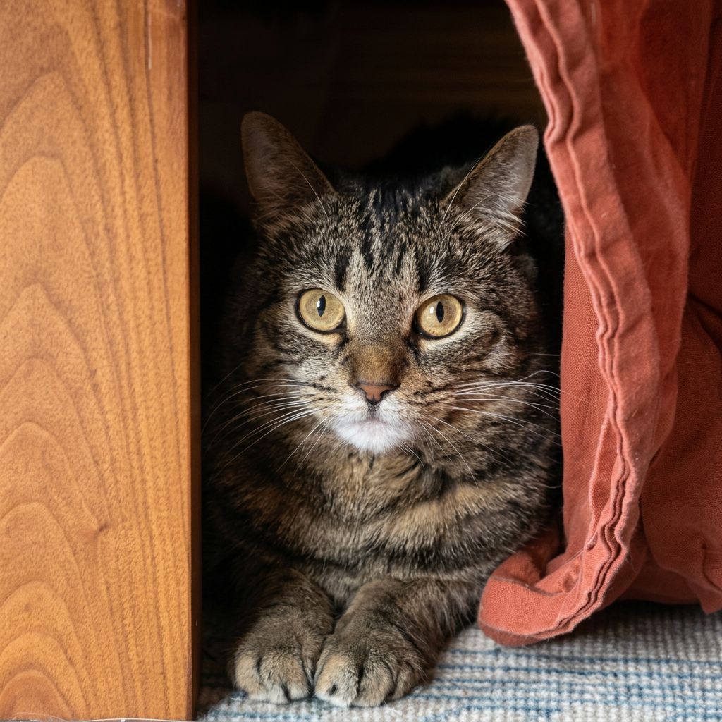 Tabby cat peeking around a red curtain at home