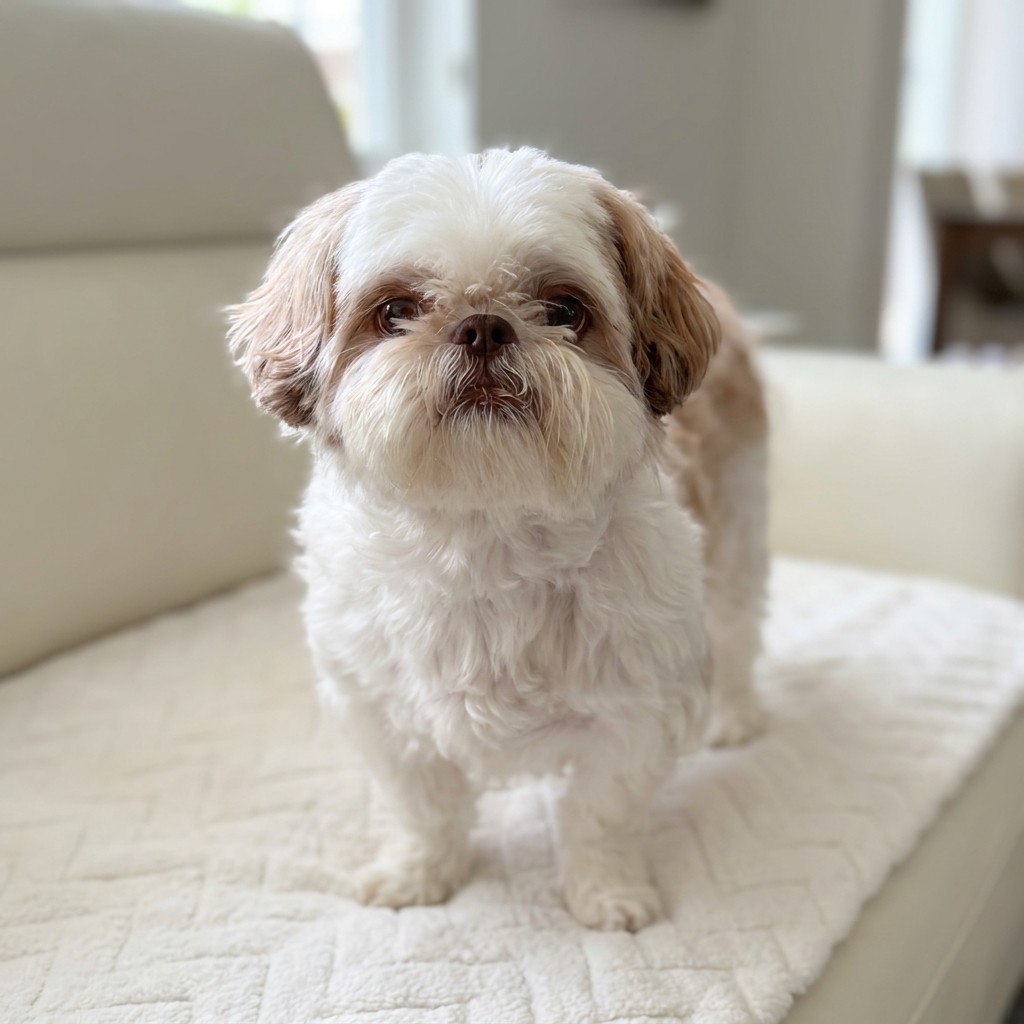 Shih tzu standing on a cozy blanket on the couch