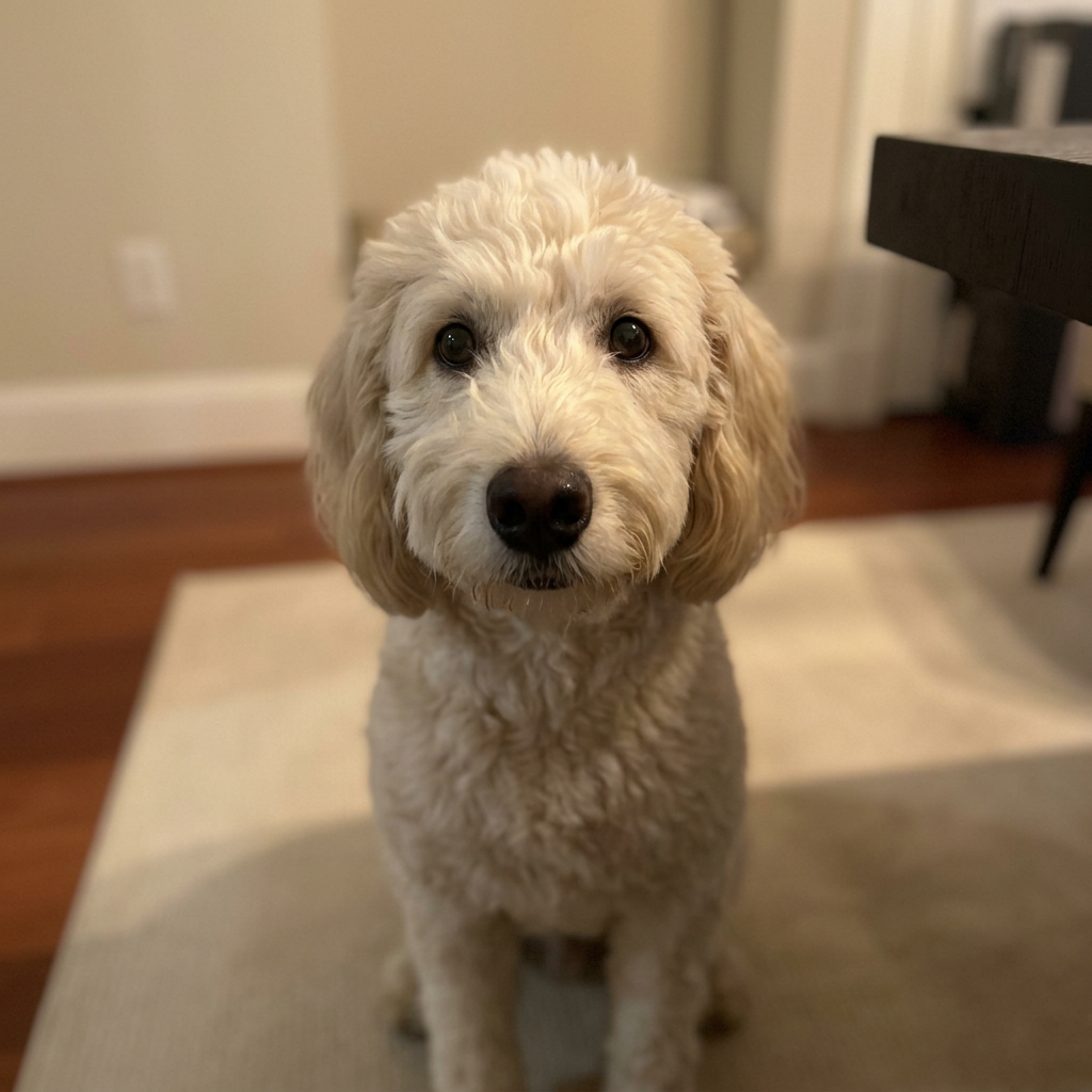 Cream goldendoodle sitting politely on the living room rug