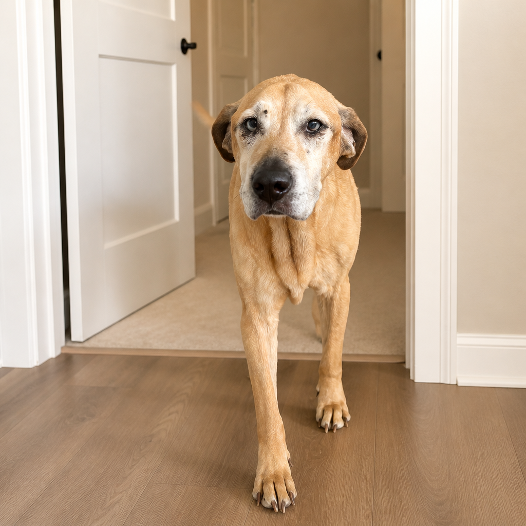 Senior tan hound standing in a bright hallway at home