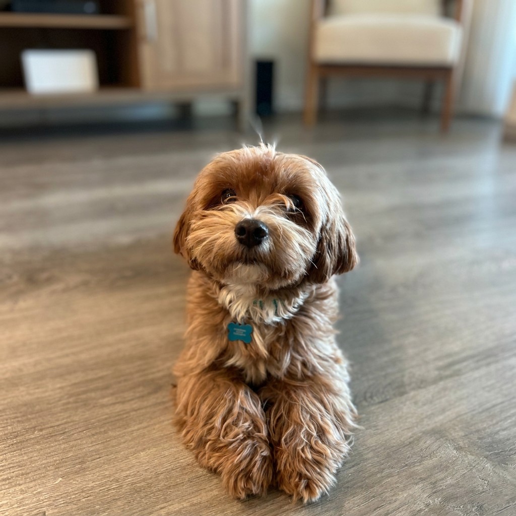 Fluffy apricot cavapoo resting on the floor