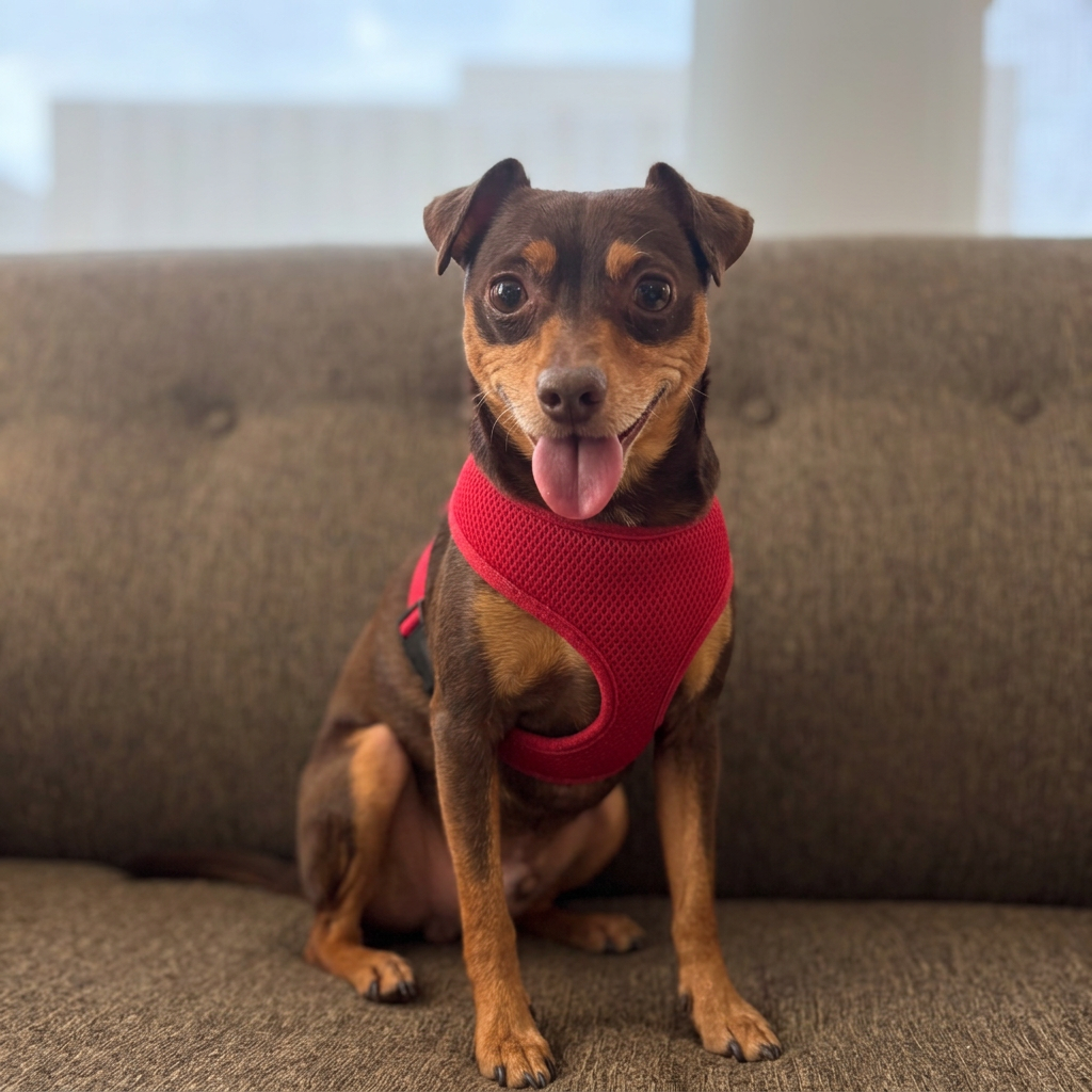 Brown chihuahua mix in a red harness smiling on the couch