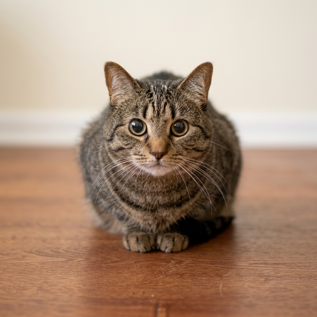 Tabby cat peeking out from under the dining table