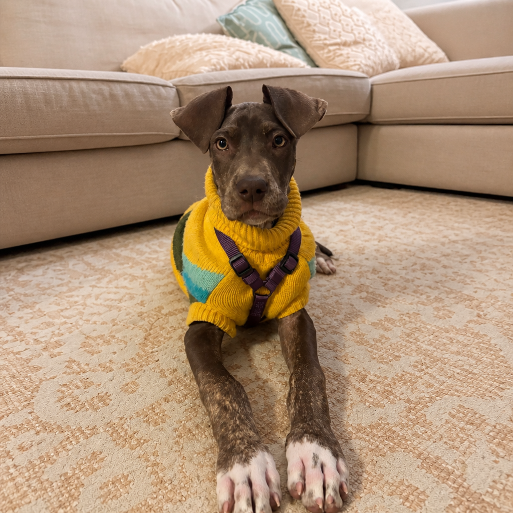 Puppy in a yellow knit sweater lying on the living room rug