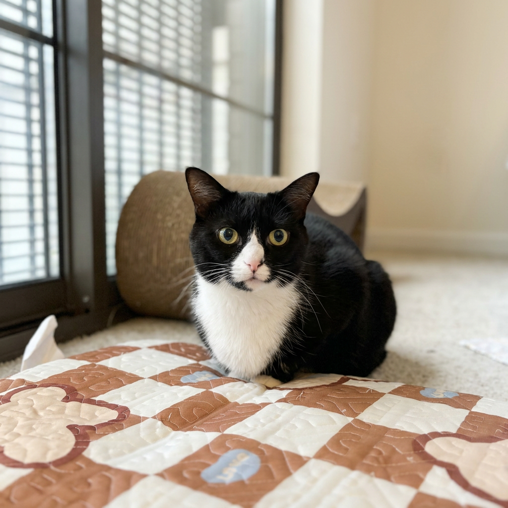 Black and white tuxedo cat sitting on a patterned quilt