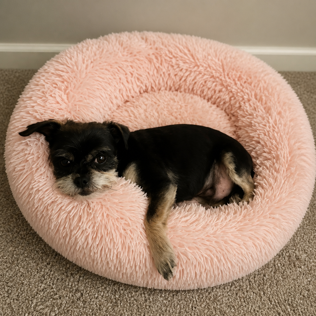 Small black and tan pup curled up in a fluffy pink bed at home