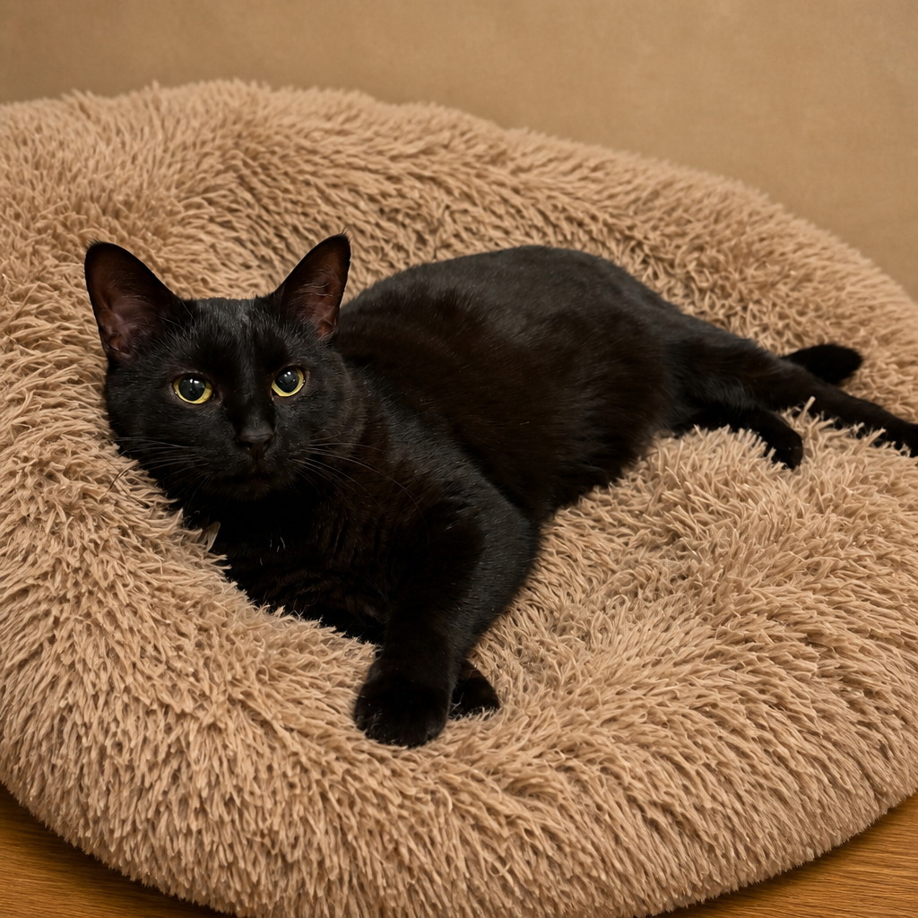 Sleek black cat with green eyes lounging in a fluffy pet bed