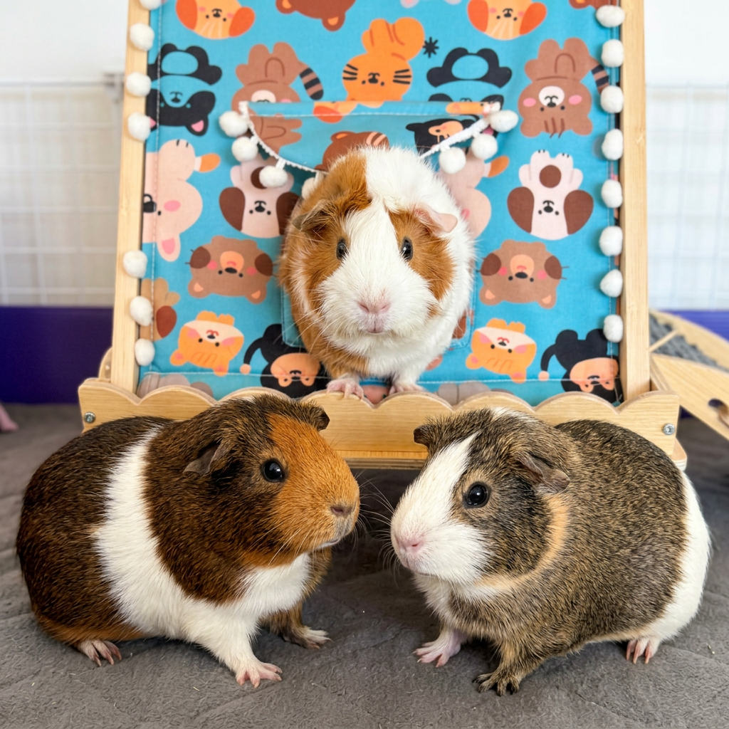 Three guinea pigs hanging out together by their cozy hideaway