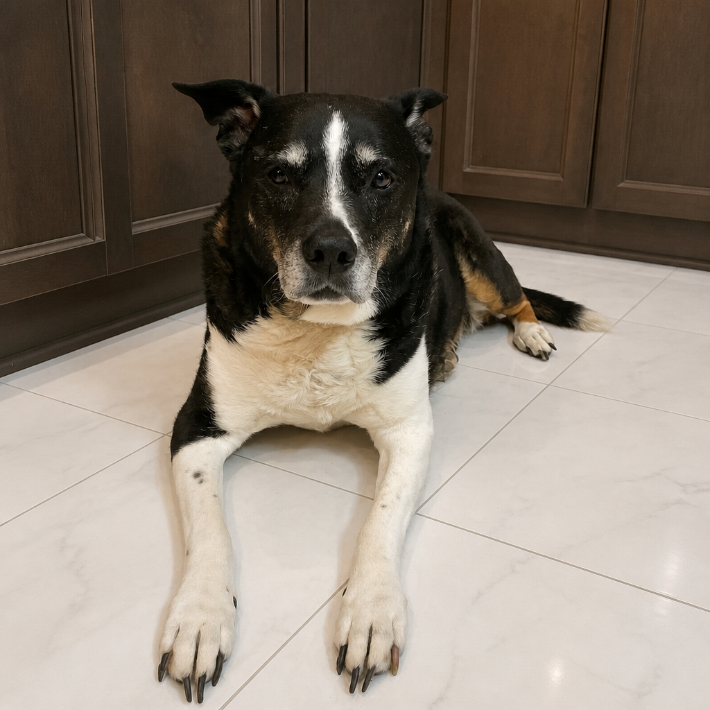 Black and white border collie mix resting on the kitchen floor