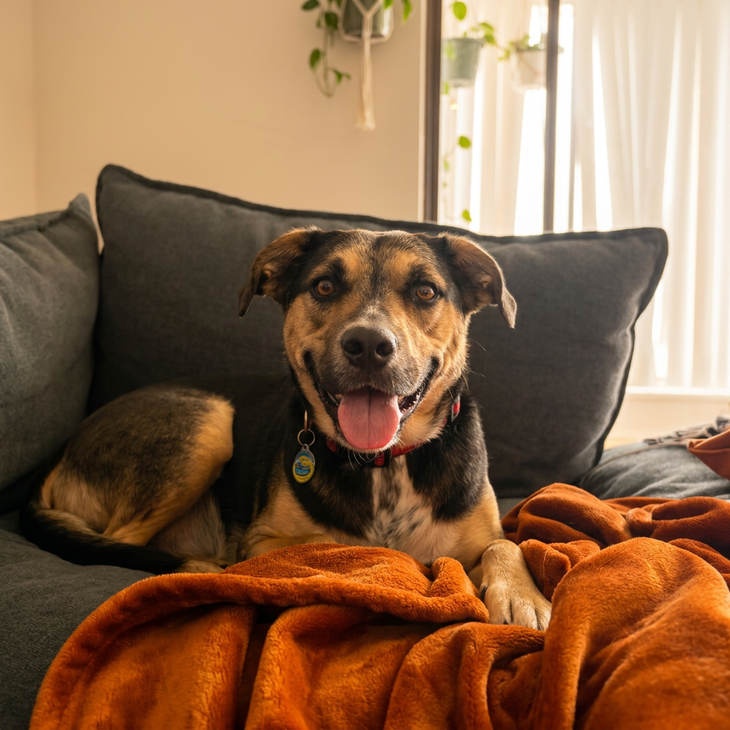 Black and tan shepherd mix resting on a couch with an orange blanket