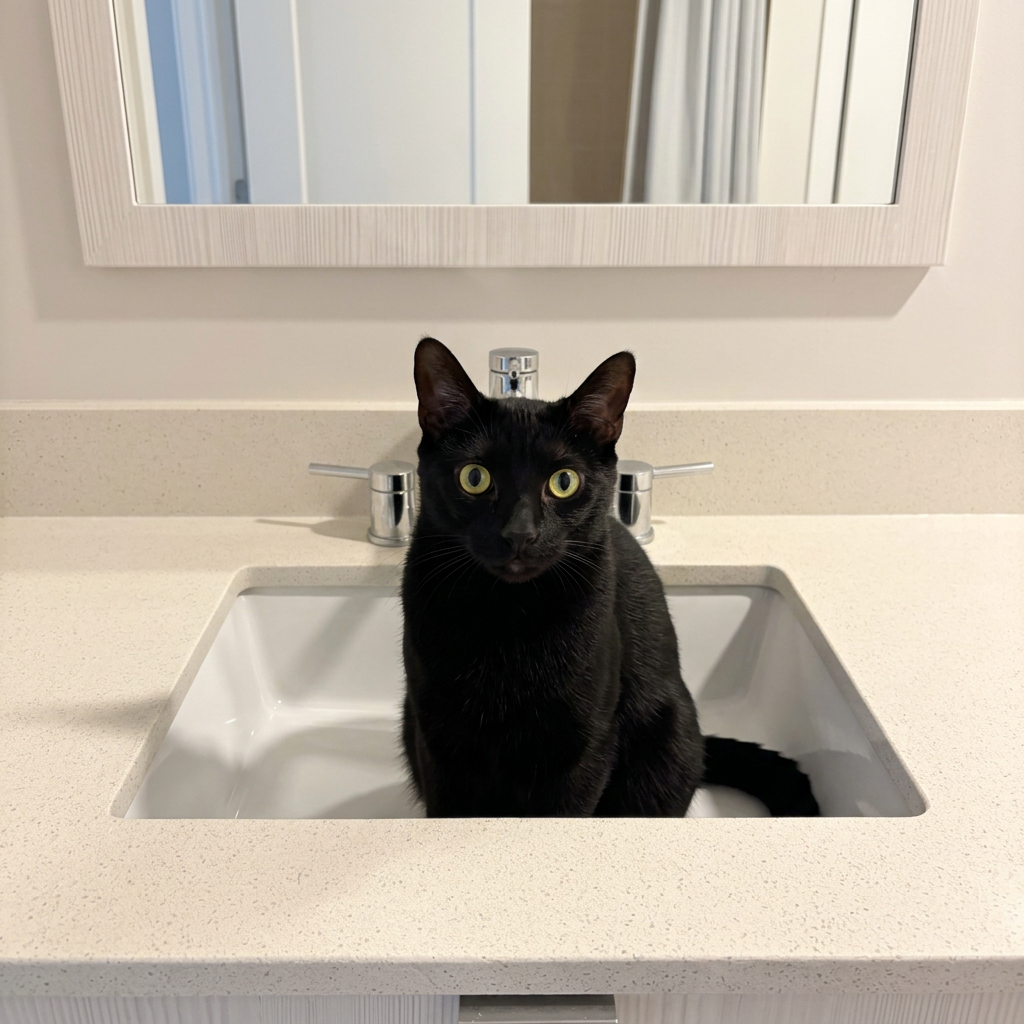 Black cat with golden eyes sitting in the bathroom sink