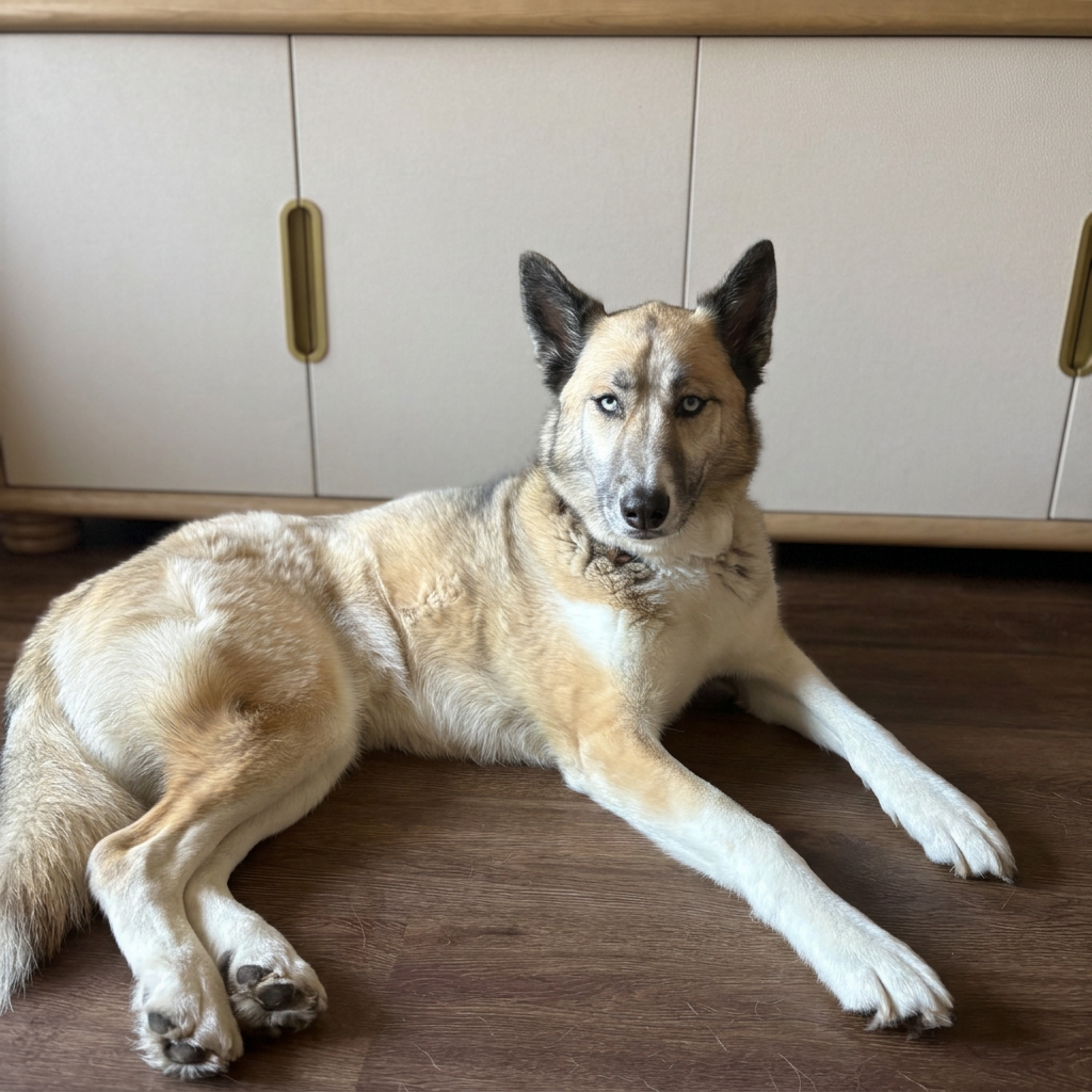 Husky shepherd mix with blue eyes lying on the wood floor at home