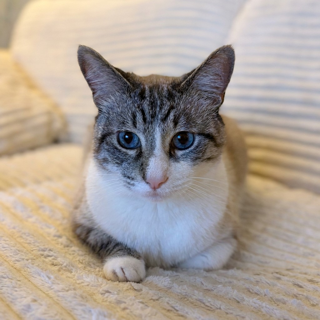 Blue-eyed tabby cat relaxing on a soft blanket