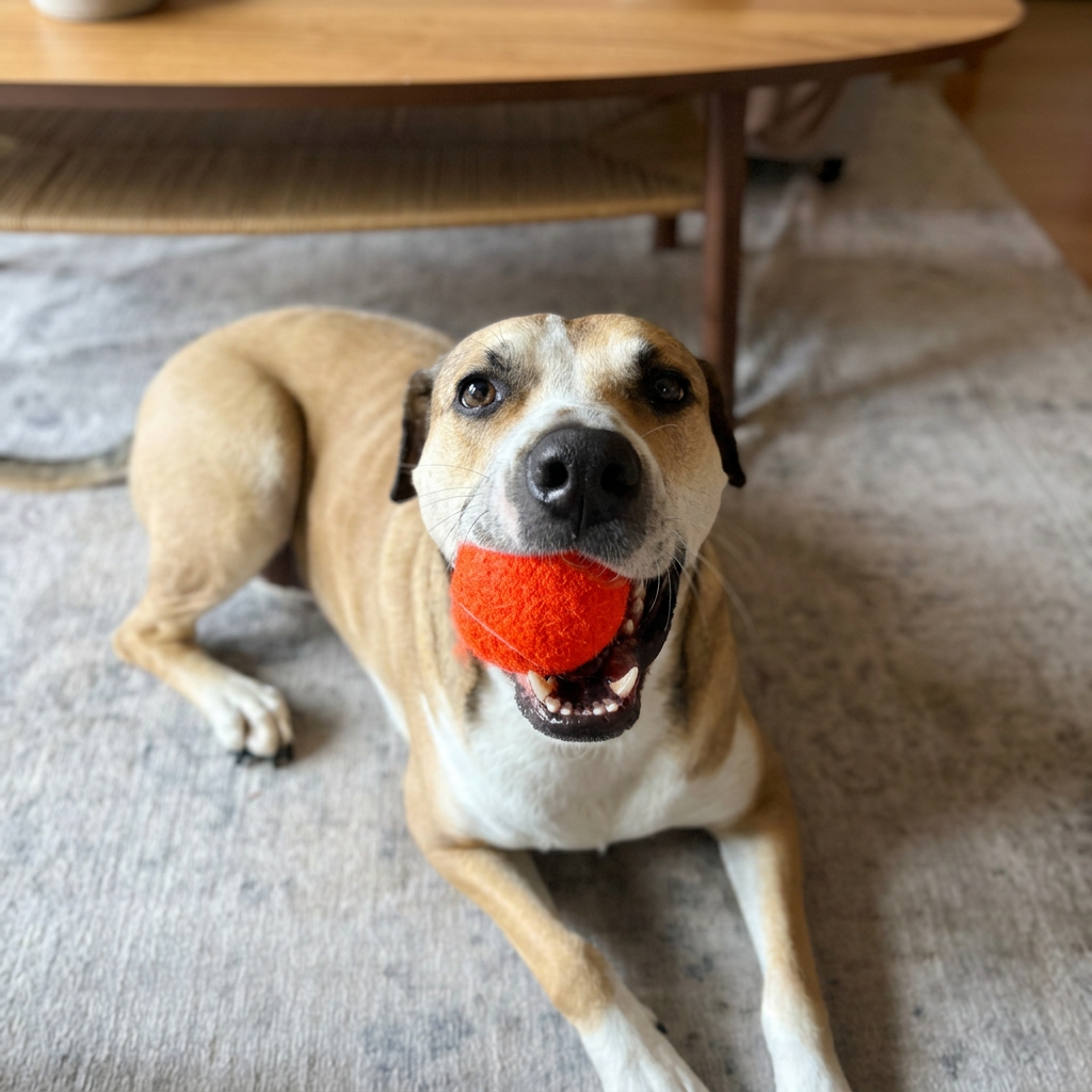 Tan hound carrying a bright orange tennis ball in the living room
