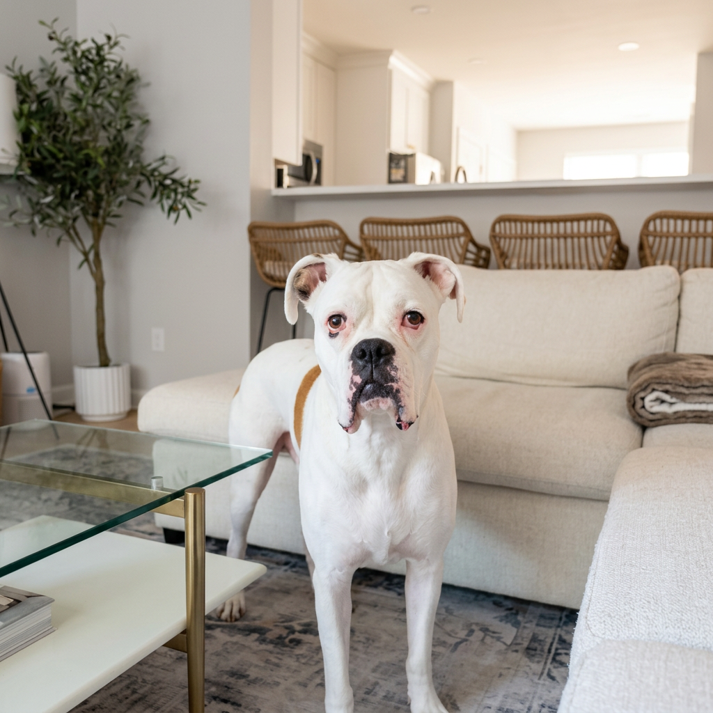 White boxer standing in a bright living room
