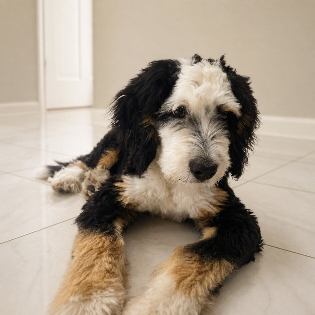 Bernedoodle puppy lying on the tile floor at home