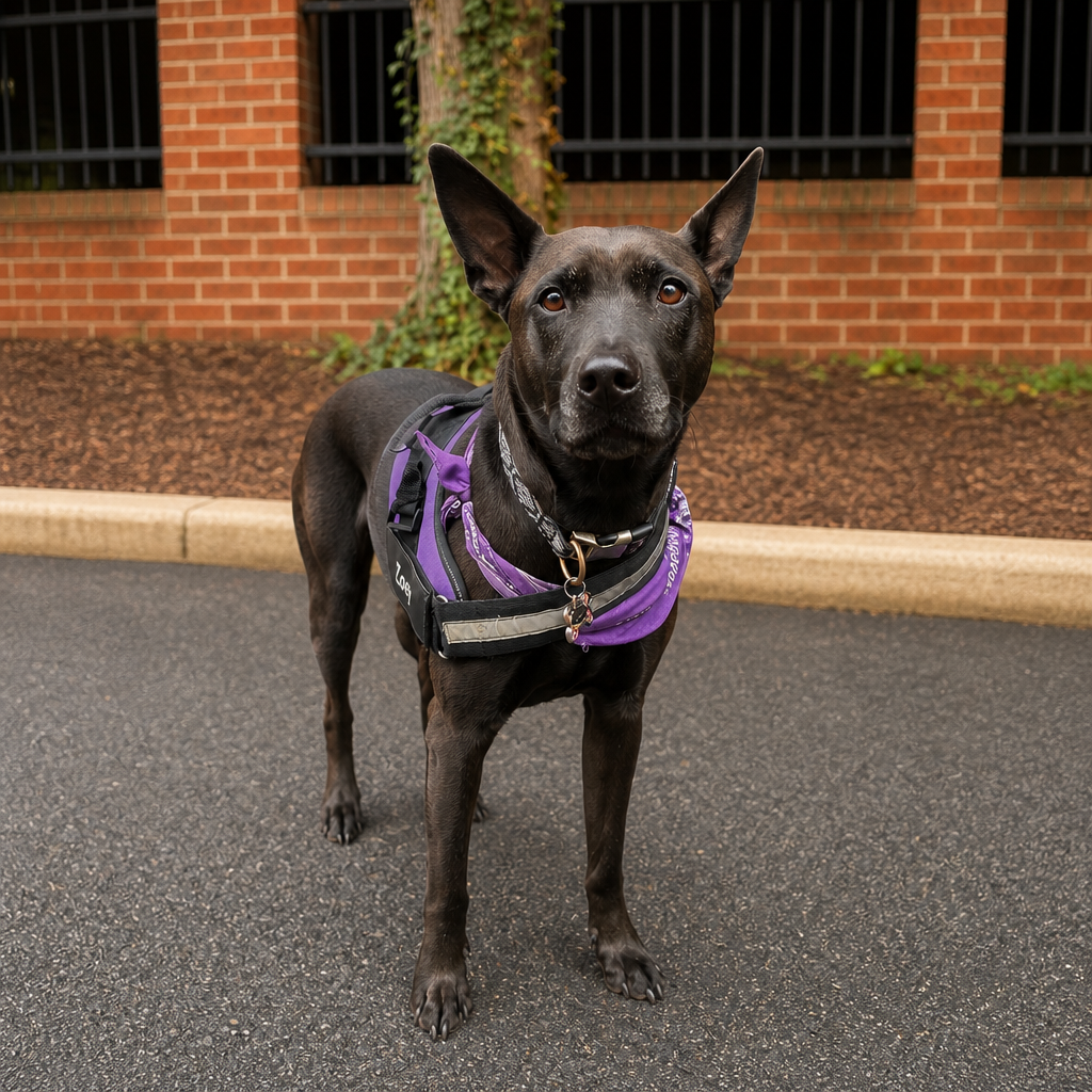Black shepherd mix named Zoey in a purple harness on a neighborhood walk
