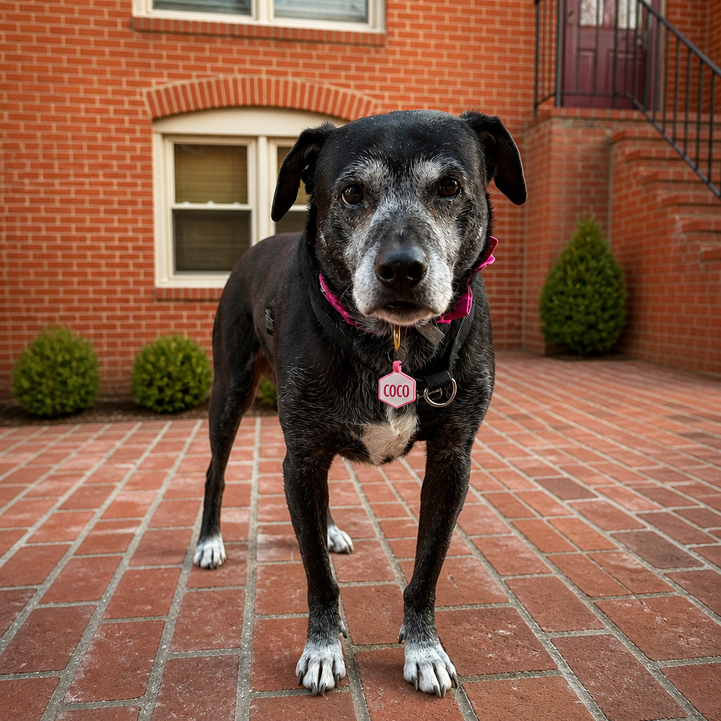Senior black lab mix named Coco on a walk outside her brick townhouse