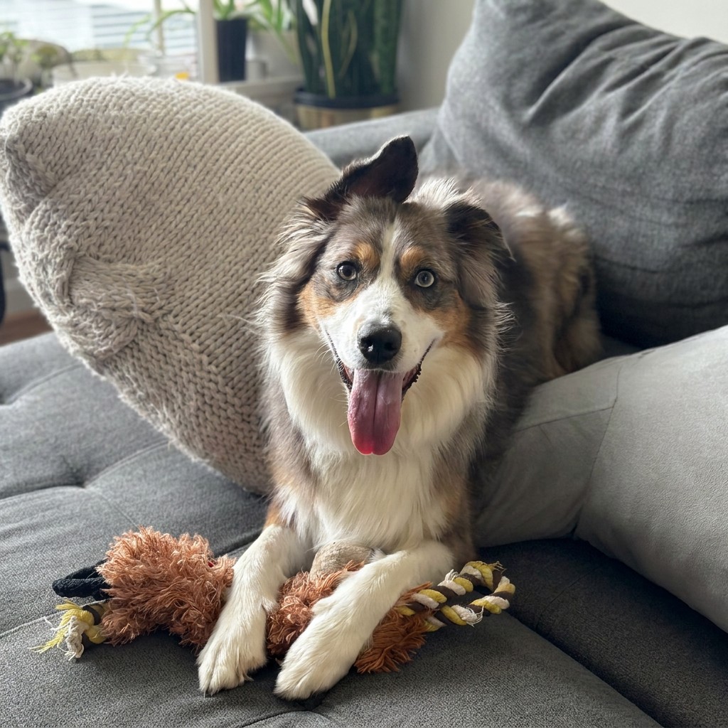Australian shepherd resting on a couch with a favorite toy