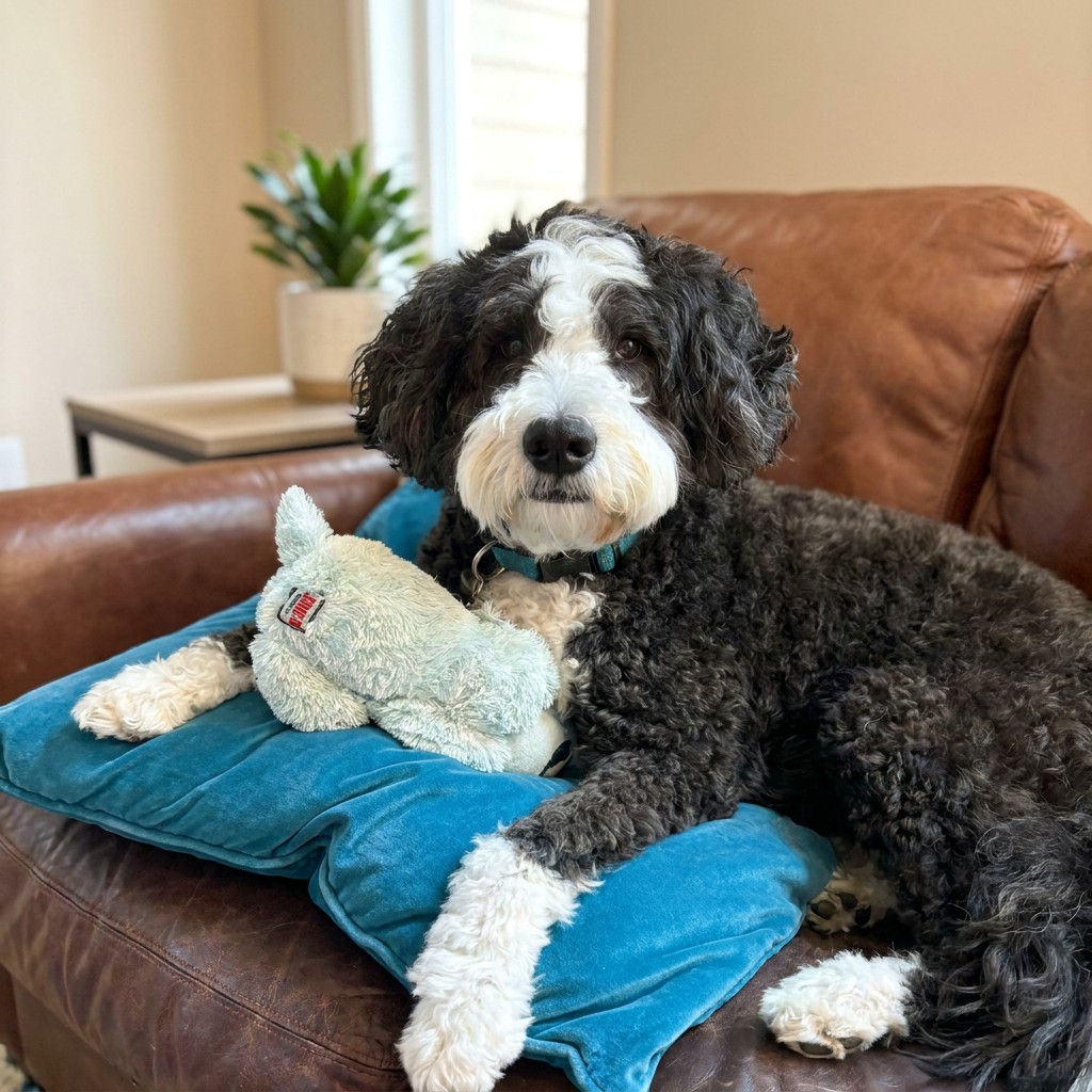 Bernedoodle cuddling a plush toy on the couch