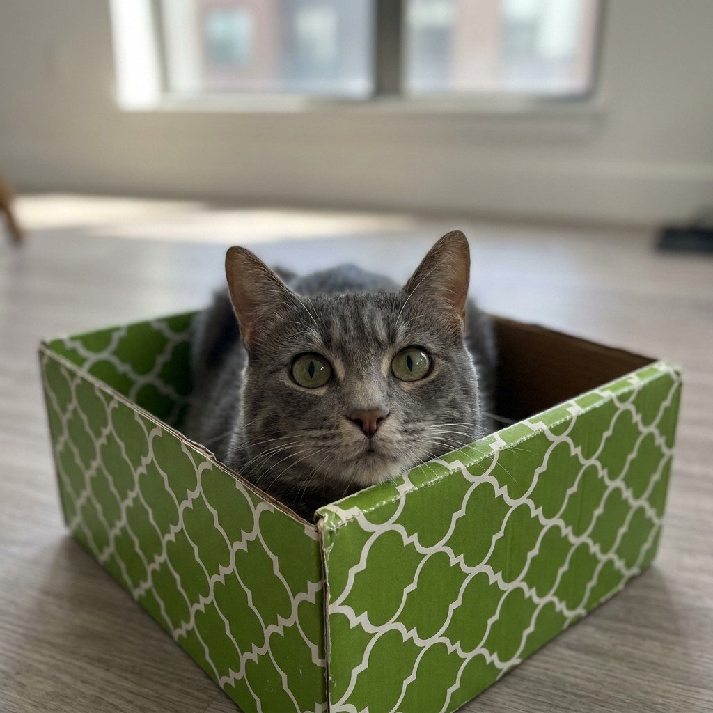 Grey cat sitting happily inside a cardboard box