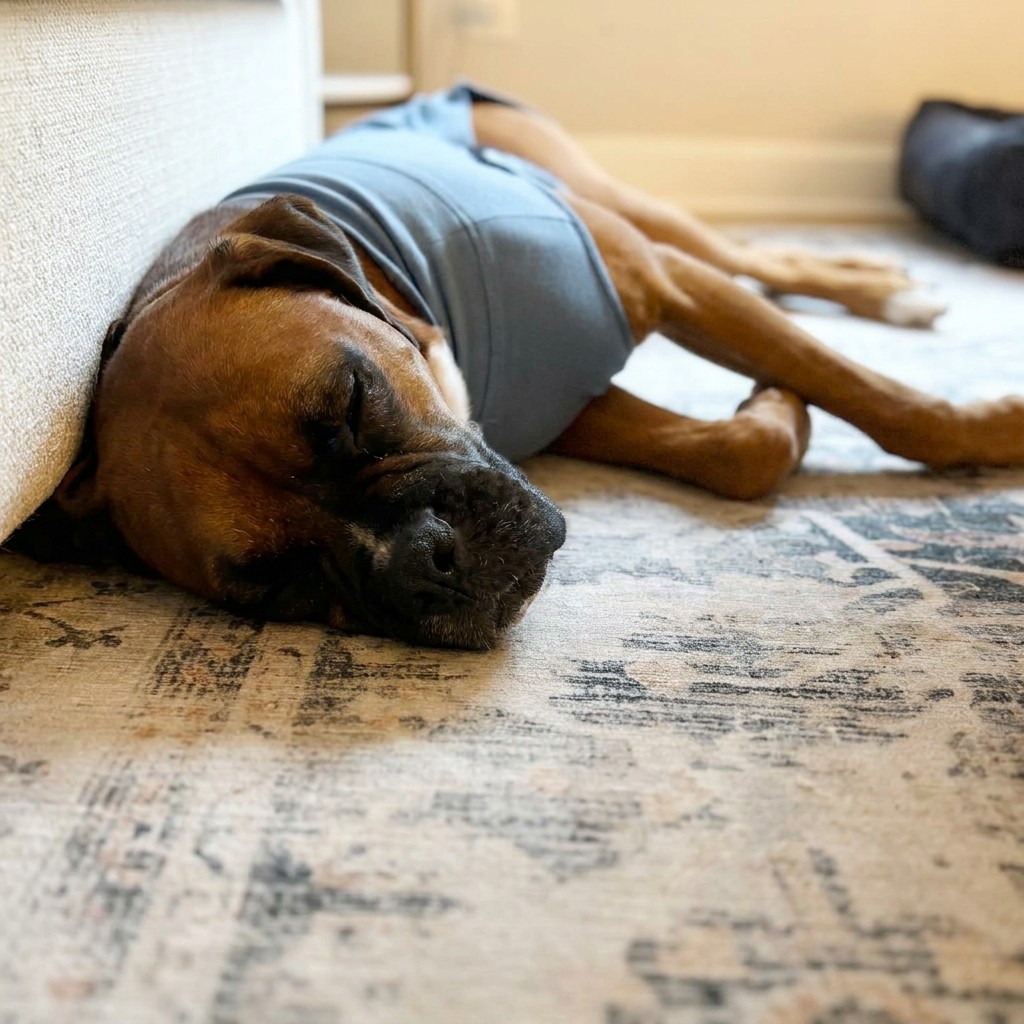 Boxer in a sweater napping on the rug