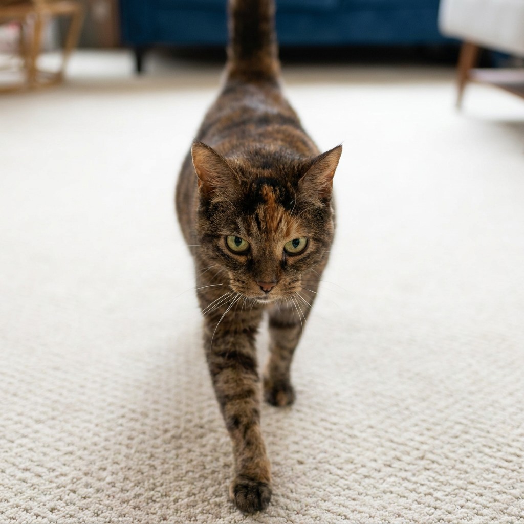 Tortoiseshell cat walking across a living room rug