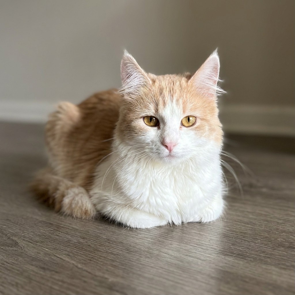 Cream cat sunbathing on the floor