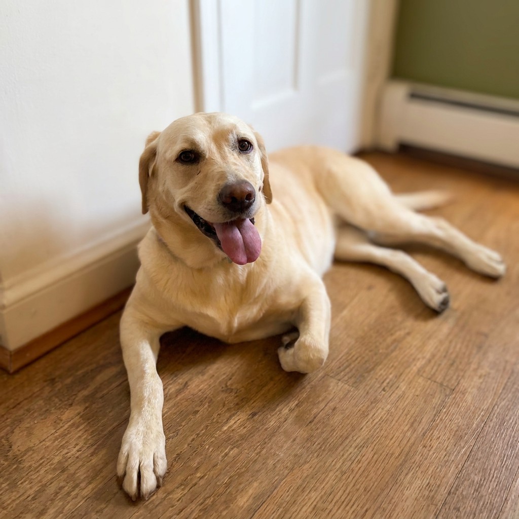 Yellow dog lying by the front door at home