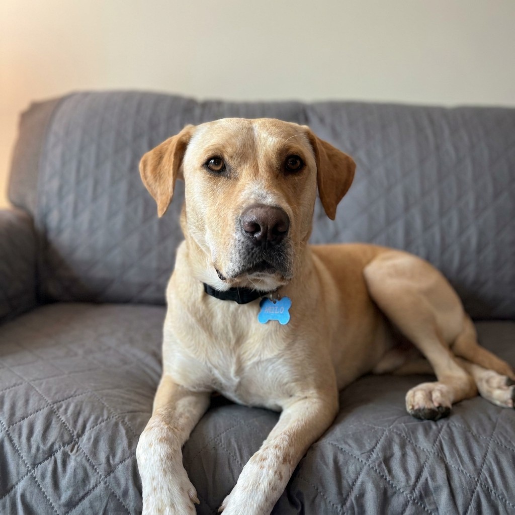 Yellow labrador napping on a plaid blanket