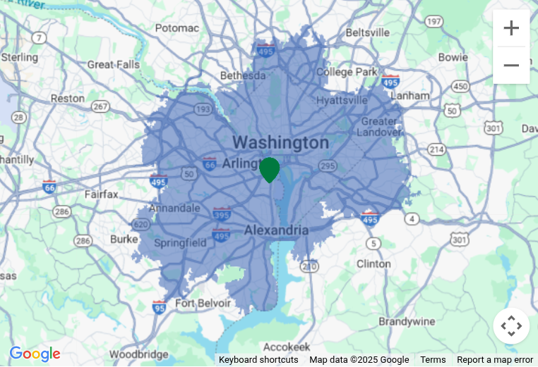 Map of the greater DC, Maryland and Virginia overnight service area