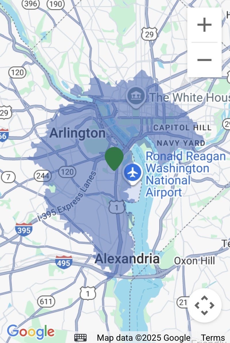 Map showing the Arlington, VA service radius