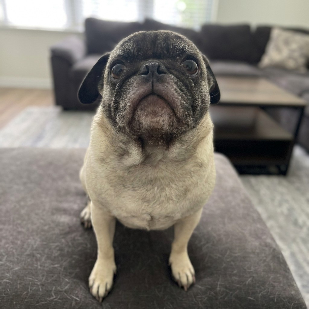 Pug standing in the living room waiting for a treat