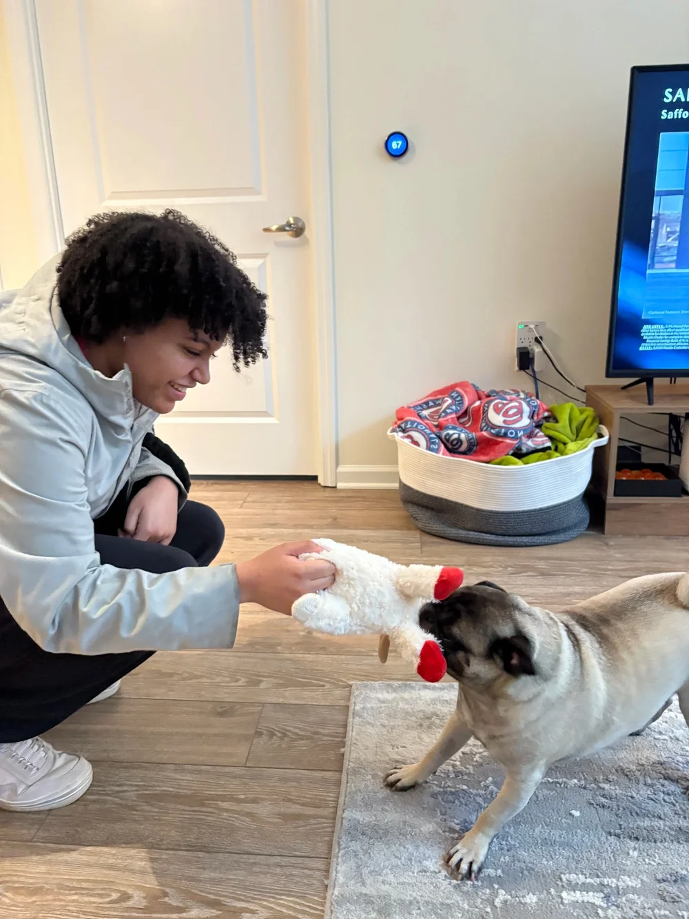 Shona spending time with a client's dog at home
