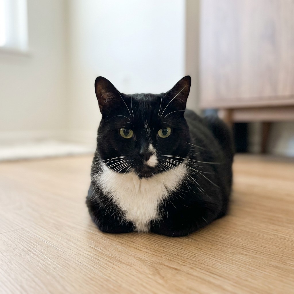 Tuxedo cat lounging on hardwood floors