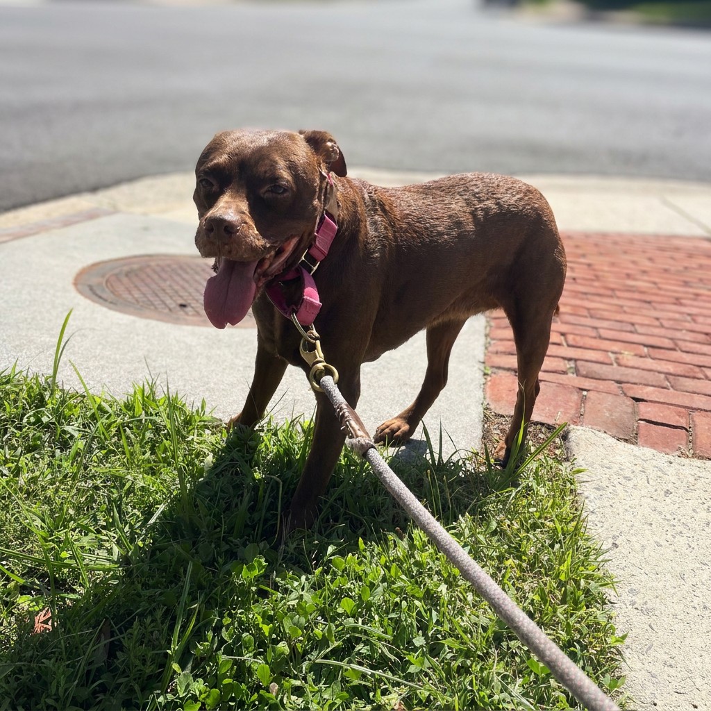 Chocolate dog on a sunny sidewalk walk