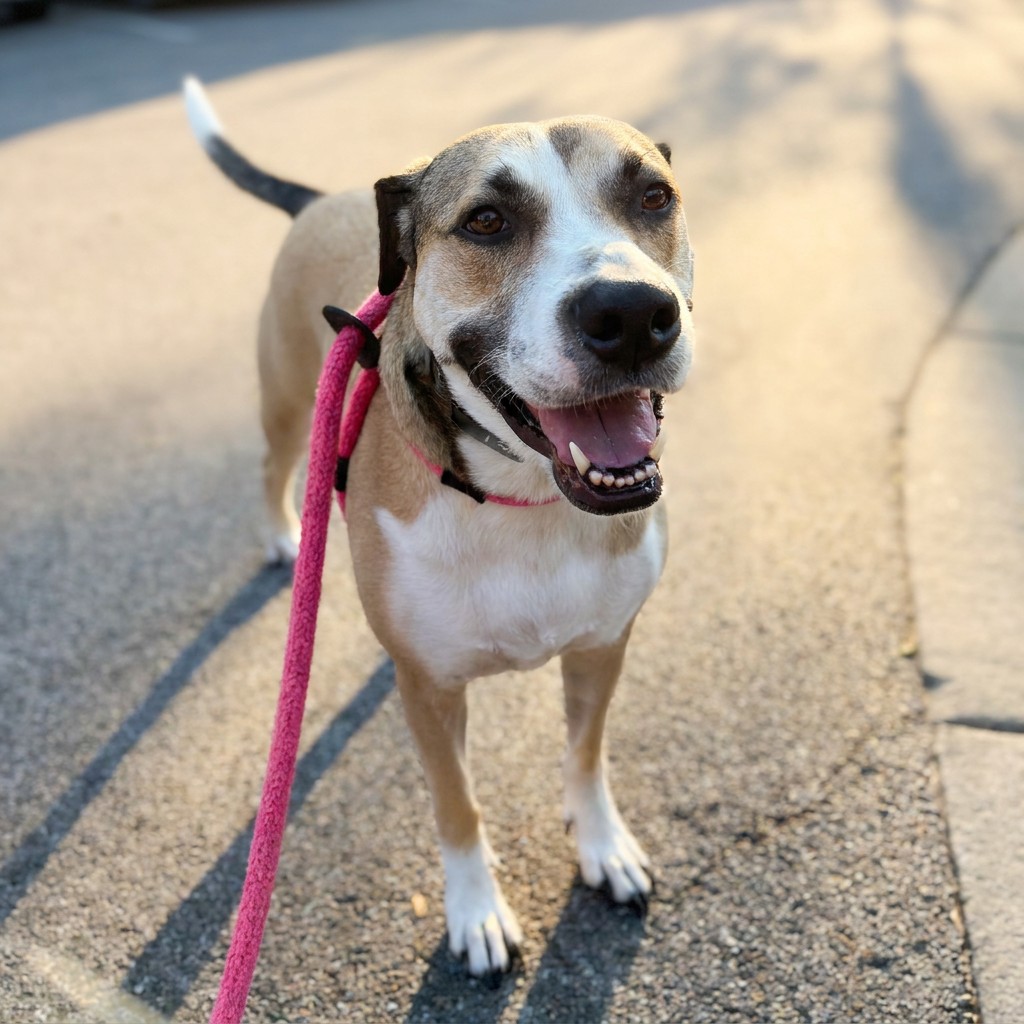 Happy dog on a leash during an afternoon walk